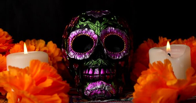 A hand adds a white candle to a Mexican altar setup featuring a metallic painted black skull and vibrant red flowers isolated on black backdrop.
