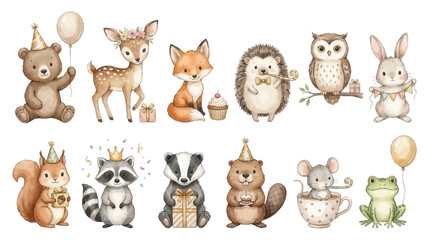 Fototapeta premium Adorable forest friends watercolor collection with festive party elements. Collection of Vector illustrations for invitation, card, poster, banner, decoration