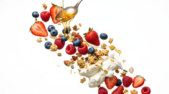 Dynamic action photo of deconstructed berry parfait with floating Greek yogurt, fresh strawberries, raspberries, blueberries, granola, and honey pouring from spoon on pure white background