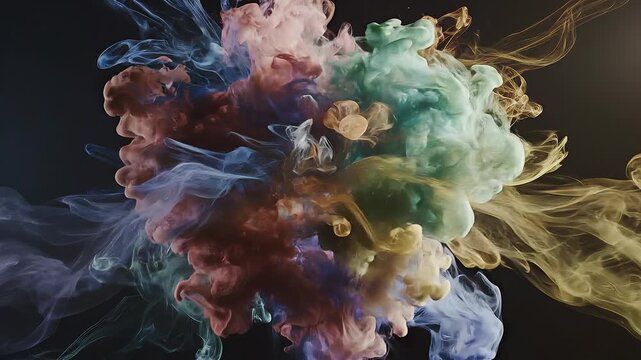 Colorful ink cloud explosion in water with vibrant swirling smoke on dark background