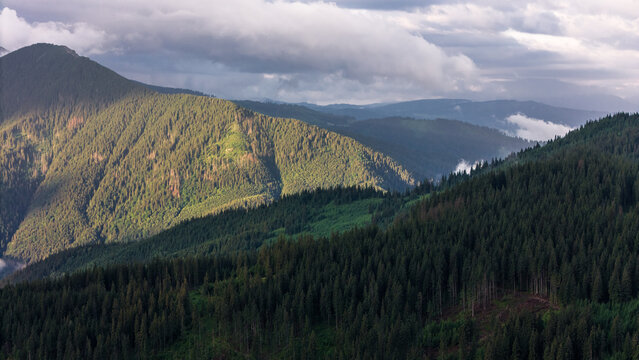 Atmospheric Drone View of Forested Mountains in Romania