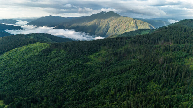 Aerial View of Rarau Mountains in Romania with Morning Fog