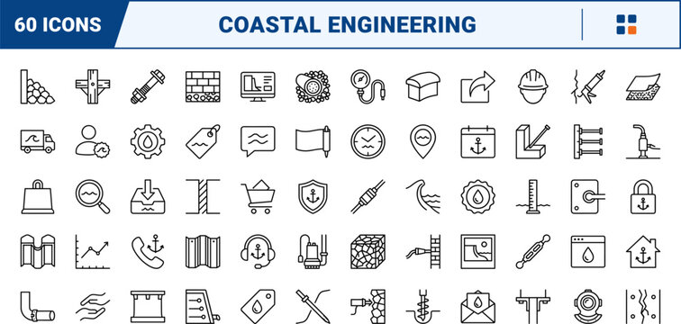 Marine construction line icon set. Vector pictograms of engineering, equipment, foundation, and barrier elements, thin linear illustration.