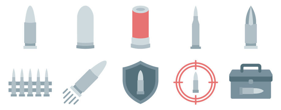 Bullet icon set flat style ammunition collection symbol for military weapon and shooting graphic design