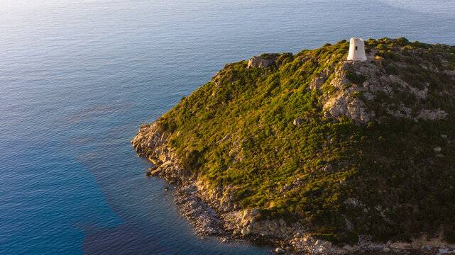 Drone View of Torre di Porto Giunco at Sunrise in Sardinia