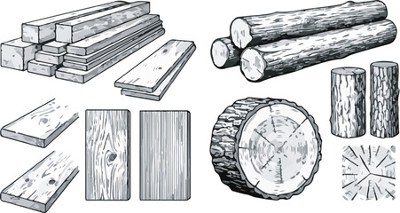 Timber logs and wooden planks vector illustration set engraved style wood © Vector 4 You