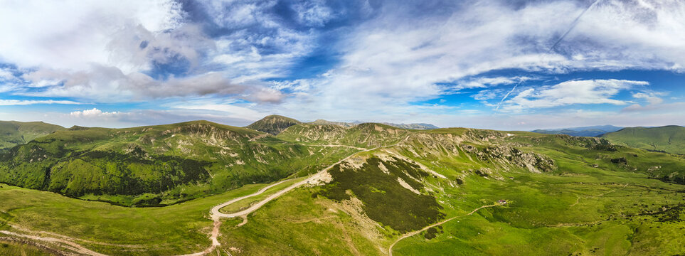 Aerial Mountain Panorama with Transalpina Road in Romania