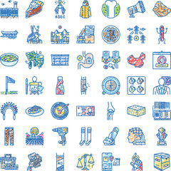 Fototapeta premium Colorful hand drawn doodle icon set showing diverse concepts, symbols, objects and people for web and print use on a clean white background, playful and versatile design