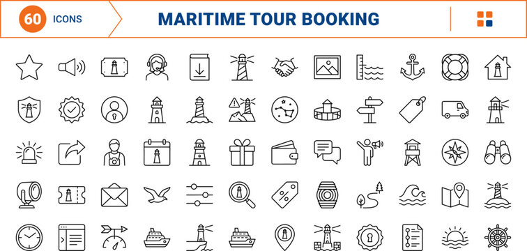 Lighthouse tours line icon set. Vector pictograms of coastal travel, maritime sights, boating trips, and website booking elements, thin linear illustration.