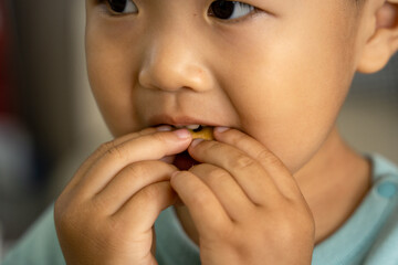 A close-up of a young Asian boy eating a cookie.