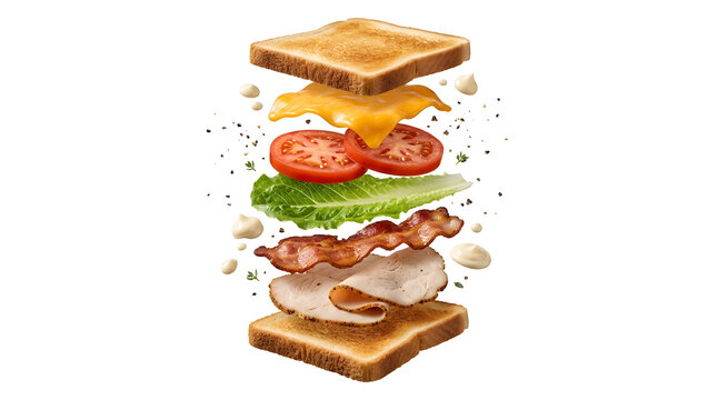 Dynamic action photo of deconstructed club sandwich with floating toasted bread, melted cheddar cheese, tomato slices, lettuce, crispy bacon, turkey breast, and mayonnaise dollops on pure white backgr