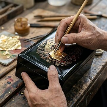 hands using a fine brush to apply delicate gold leaf sheets onto a dark handcrafted lacquerware box.