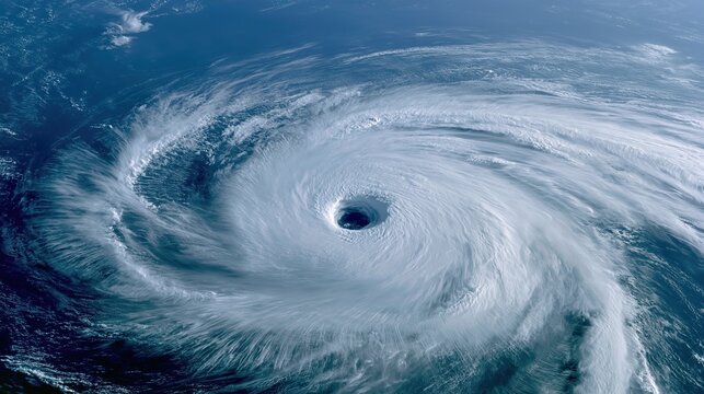 Powerful hurricane eye over sea. Central dark blue vortex wrapped in bright white spiral clouds. Dramatic weather for climate education and documentary use.