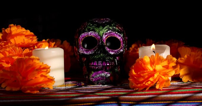 Elegantly detailed horizontal video asset showcasing a dark skull with metallic painted patterns surrounded by fresh magnolia flowers in slow motion.