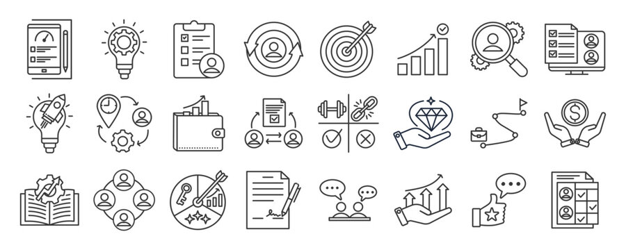 Human Resources Performance Management and Employee Evaluation Line Icon Set