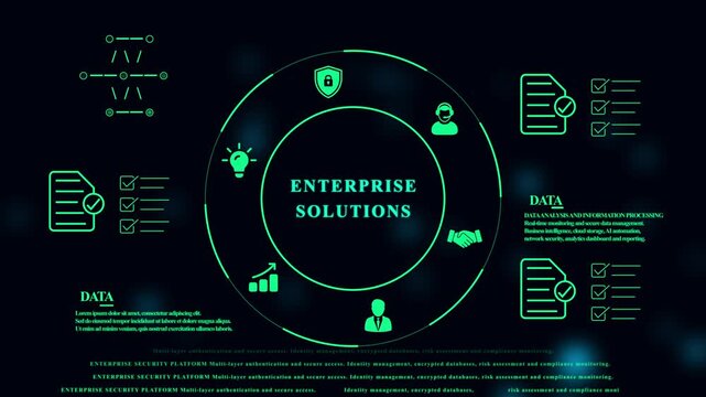 Enterprise solutions dashboard interface featuring green glowing and data security symbols on a dark background for business information systems