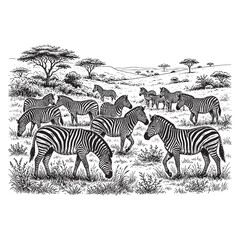 Obraz premium Zebras Grazing in African Savannah Vintage Engraving