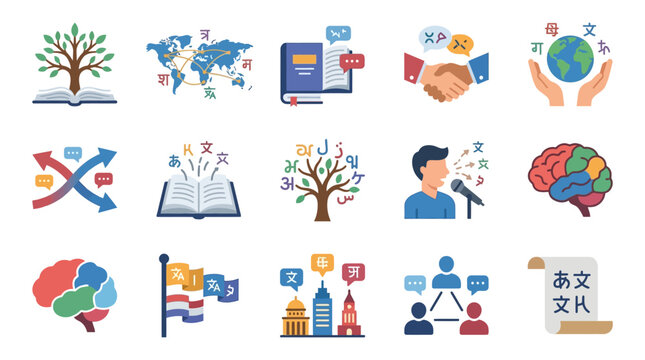 Dynamic Illustrations of Global Language Learning Communication and Cognitive Growth with Colorful Icons