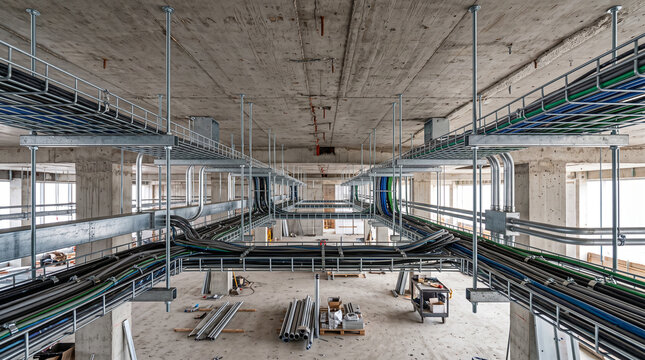 Industrial construction site with galvanized cable trays installation. Large-scale electrical infrastructure setup in unfinished commercial building.