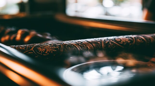 Gilt ceremonial glaive behind museum glass, detailed heraldic carvings, soft light creating solemn mood, shallow focus