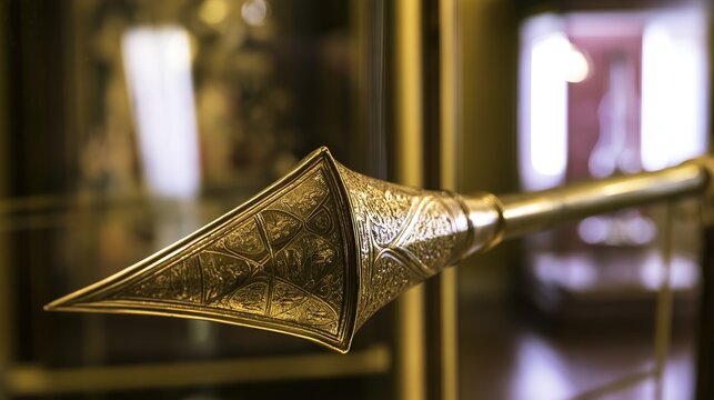 Gilded ceremonial polearm in display case with carved crests, soft museum light, shallow depth, weapon art visual