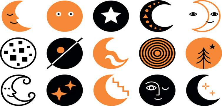 Set of hand drawn celestial icons featuring moons stars and suns in black and orange ink style