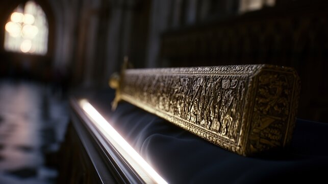 Gilt ceremonial glaive exhibited in museum case, detailed crest carvings, soft shallow light, solemn weapon still life