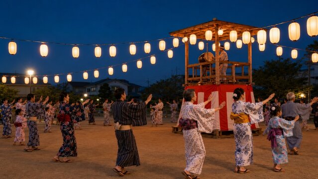 提灯が灯る夜の夏祭りで盆踊りを楽しむ人々