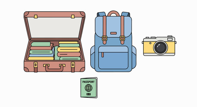 Travel Essentials: An open suitcase filled with folded clothes, a blue backpack, a passport, and a vintage camera, all neatly arranged, symbolizing the preparation for an exciting journey.