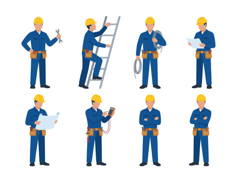 Electrician character set with tools ladder cable multimeter and blueprint