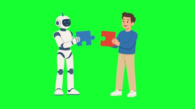 Animated human and AI robot hands connecting puzzle pieces on green screen. Concept of artificial intelligence collaboration and teamwork