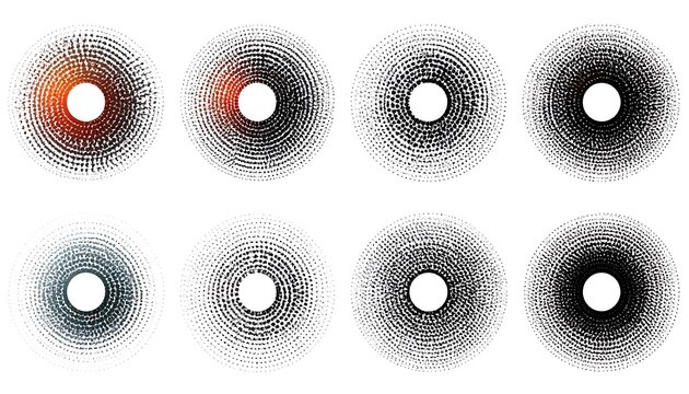 An abstract composition of eight circular designs featuring varying densities of speckled patterns around a central dark void