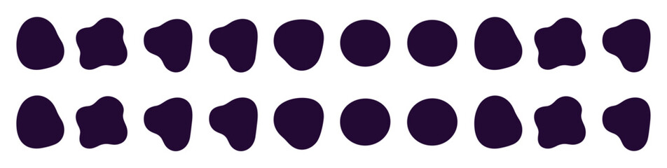 Abstract Organic Shapes in Rows: A visually striking composition featuring two rows of amorphous, dark purple organic shapes, each unique in its curvature and form, against a subtle background. © Itz Buddha 