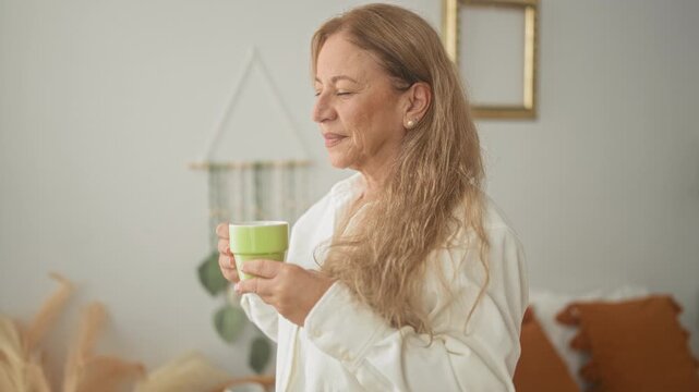 Woman middle aged blonde holding green ceramic mug, hands cupped near chest, smiling softly, gazing sideways in studio; calm reflection comfort.