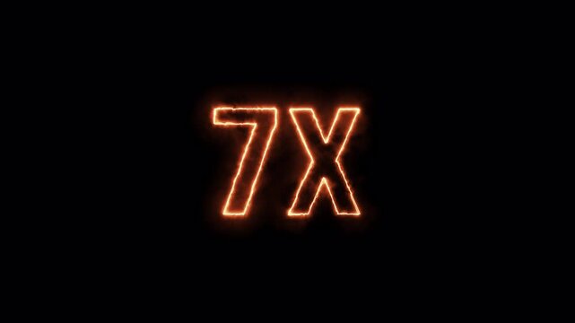 7X Neon Fire Text Animation on Black Background .7X Fire Number Animation for Multiplier, Boost Concept . Animation .Neon Red 7X Sign Burning Animation in 4K