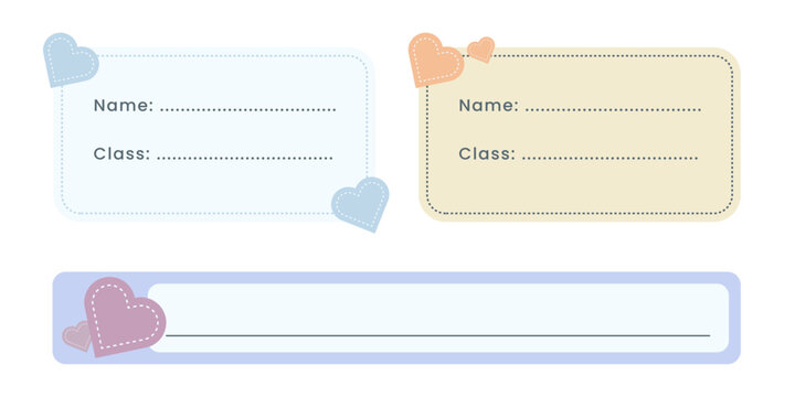 Set of decorative pastel name tags with hearts for labeling school student notebooks and belongings, name class