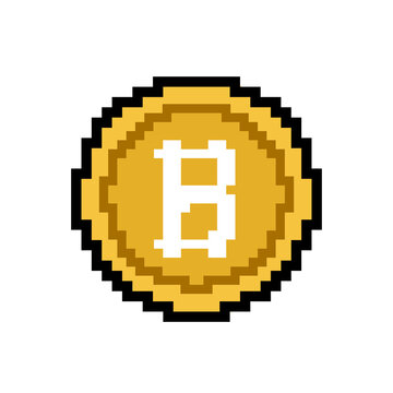 pixel art illustration of a Bitcoin coin, commonly used as a digital icon or game element.
