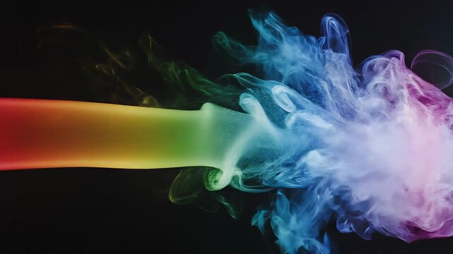 Colorful smoke swirling in vibrant red green blue and purple hues on black background artistic abstract motion