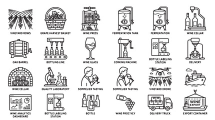 Obraz premium Wine production line icons set, 24 winemaking industry vector elements, vineyard harvest and winery manufacturing process symbols for business infographics