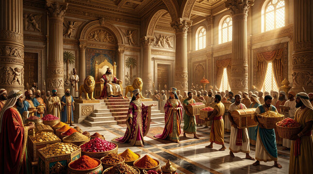 The Queen of Sheba presenting a stunning array of exotic spices, gold, and precious stones to King Solomon in his grand palace