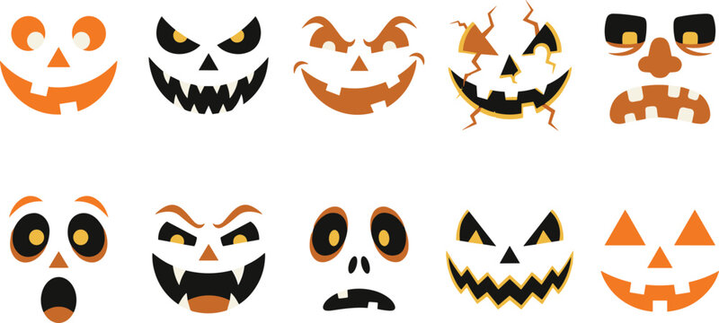 Set of diverse Halloween jack o lantern faces for pumpkin carving stencils and spooky party decorations