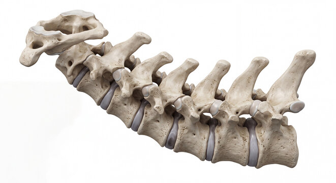 Detailed 3D illustration of a healthy cervical spine with realistic vertebrae C1 through C7 isolated on a white background for medical education.