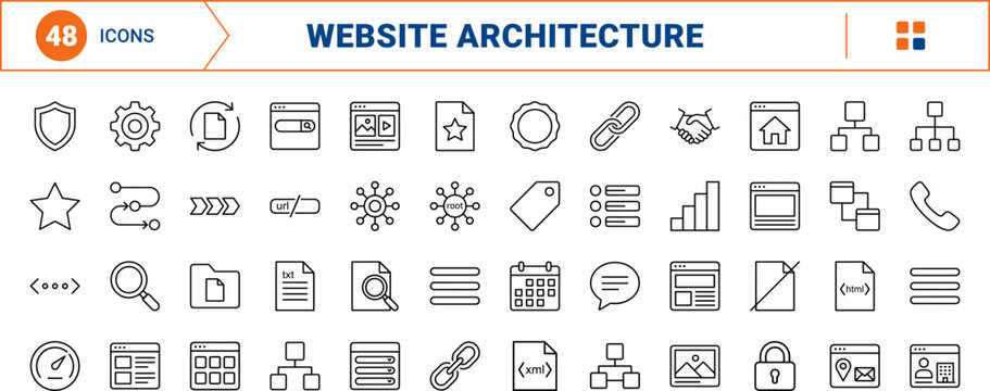 Sitemap generator line icon set. Vector pictograms of web architecture, site structure, navigation hierarchy, and url indexing elements, thin linear illustration.
