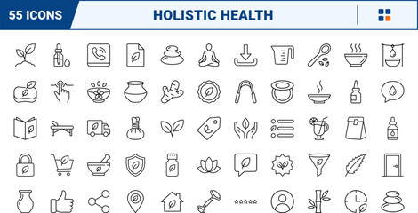 Obraz premium Ayurveda clinic line icon set. Vector pictograms of holistic health, herbal therapy, wellness treatment, and healthcare services elements, thin linear illustration.