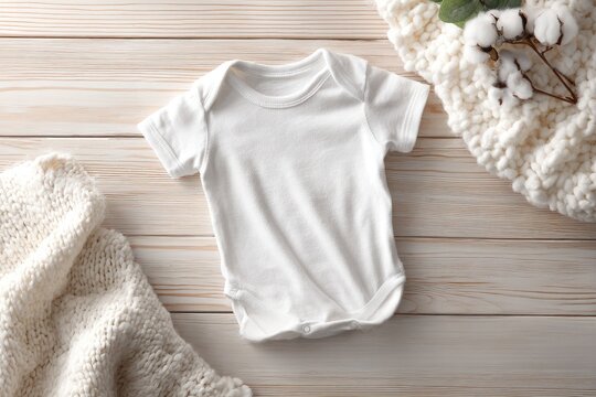 White Baby Onesie Mockup on Wood with Knitted Blanket