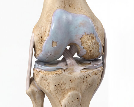 Highly detailed 3D illustration showing complete loss of articular cartilage with exposed subchondral bone in an advanced osteoarthritic knee.
