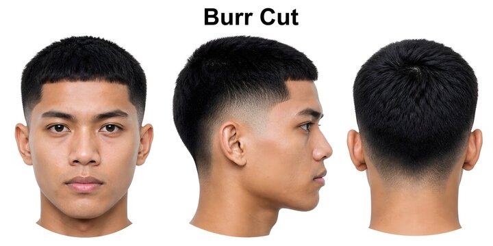 Men's haircut style: Burr Cut, shown from three views on white background