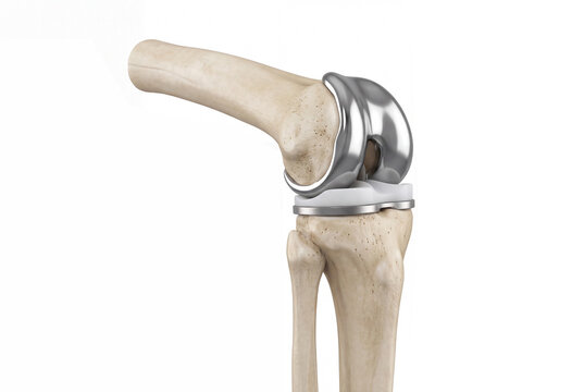 Detailed 3D illustration of a total knee replacement implant flexed to approximately ninety degrees isolated on a white background.