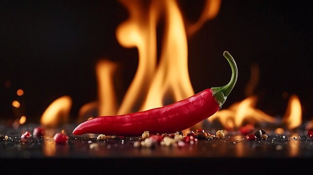 A vibrant red chili pepper sits on reflective surface, engulfed by bright flames