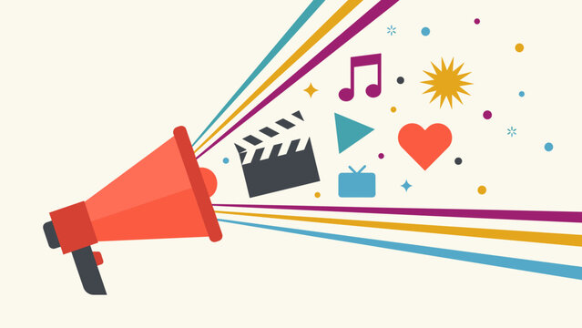 Megaphone broadcasting colorful media icons - Perfect for marketing campaigns, public announcements, or media broadcasting banners.